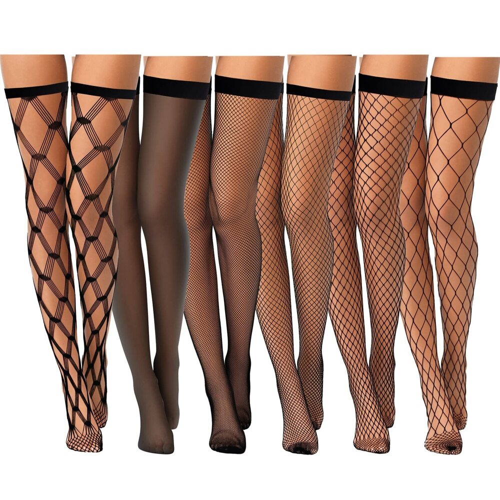 5141 6 Pairs Fishnet Thigh High Stocking Elastic Band Top Sheer over Knee